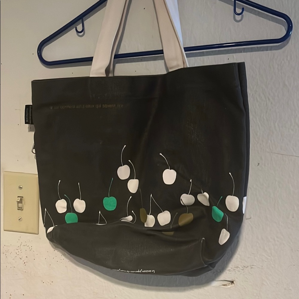 Stylish Black Tote Bag with Cherry Pattern